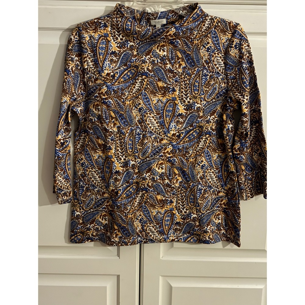 Talbots Petite Blue Gold Paisley Funnel Neck 3/4 Sleeve Knit Top MP